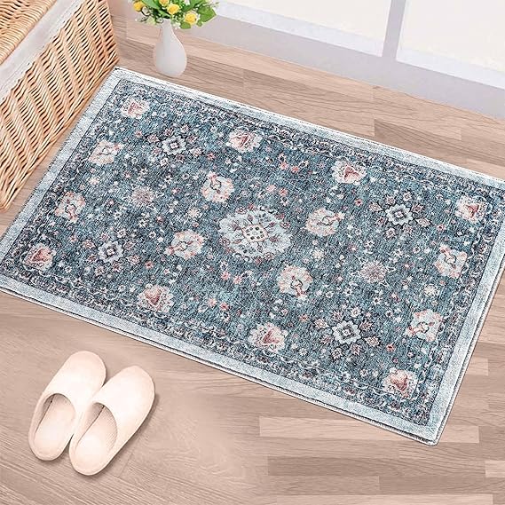 Photo 1 of 2x3 Area Rugs Washable Boho Rug, Non Slip Carpet for Living Room, Bedroom, Kitchen, Soft Low-Pile Rug, Indigo/Floral…