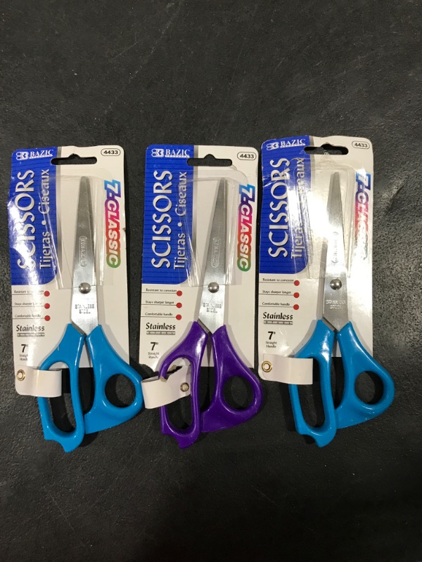 Photo 1 of [3 Pack] BAZIC Stainless Steel Scissors 7", Straight Handle Sharp Scissor Blades, Assorted Color, Cutting Paper Fabric Craft Sewing for School Office