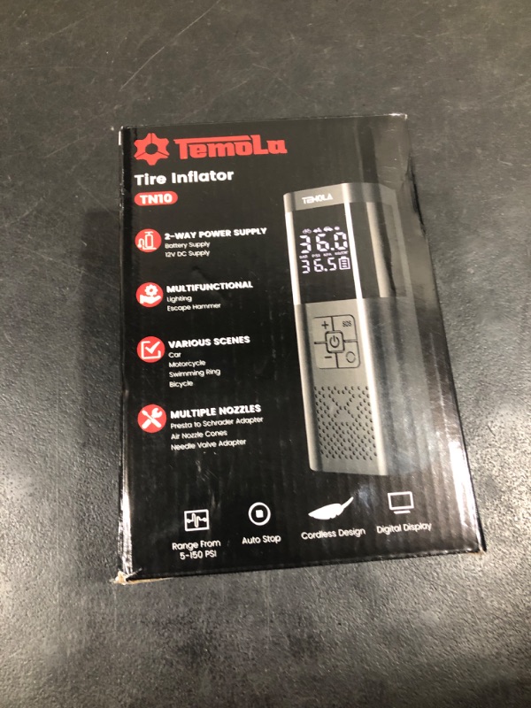 Photo 1 of 
TEMOLA Portable Air Compressor, Rechargeable Cordless Tire Inflator with Pressure Gauge, 12V DC Mini Air Tire Pump Car Accessories Men Essential with LED.