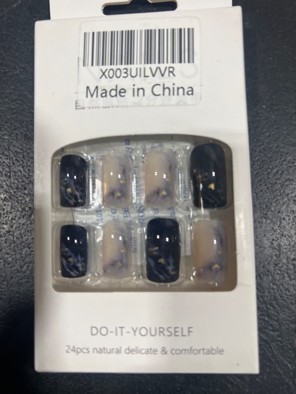 Photo 1 of Press on Nails Short Square Fake Nails with Sea Wave Design False Nails Halo Staining Blue Full Cover Glossy Stick on Nails Acrylic Glue on Nails Artificial Nails for Women and Girls 24Pcs