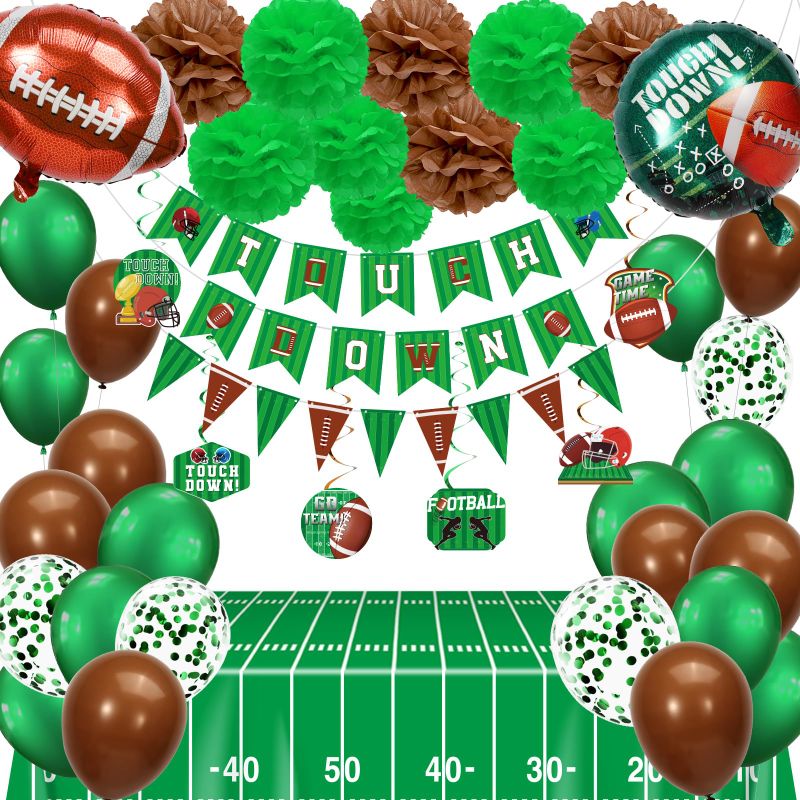 Photo 2 of 47Pcs Football Party Supplies and Decorations Include Tablecloth Touchdown Pennant Banner Hanging Swirls Paper Pom Poms Foil Balloons for Super Bowl Party Decorations