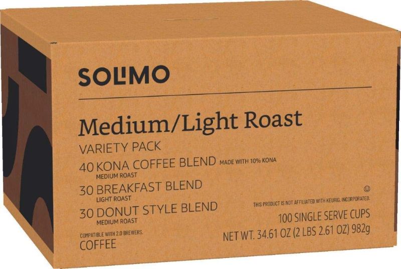 Photo 1 of Amazon Brand - Solimo Variety Pack Light and Medium Roast Coffee Pods (Kona, Breakfast, Donut), Compatible with Keurig 2.0 K-Cup Brewers, 100 Count Variety Medium/Light 100 Count (Pack of 1)