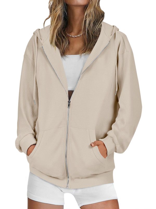 Photo 1 of ANRABESS Women's Zip Up Hoodies 2023 Fall Fashion Jacket Casual Loose Oversized Hooded Sweater Rib Knit Long Sleeve Sweatshirts Trendy Outfits Winter Clothes A931mihuang-S Beige