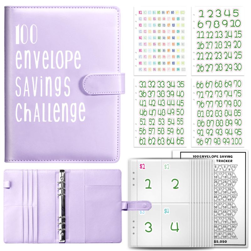 Photo 1 of 100 Envelope Money Saving Challenge Binder, 25 Sheets Savings Challenges Budget Book Binder, Easy and Fun Way to Save $5,050, Money Saving Challenges Binder with Cash Envelopes Purple New