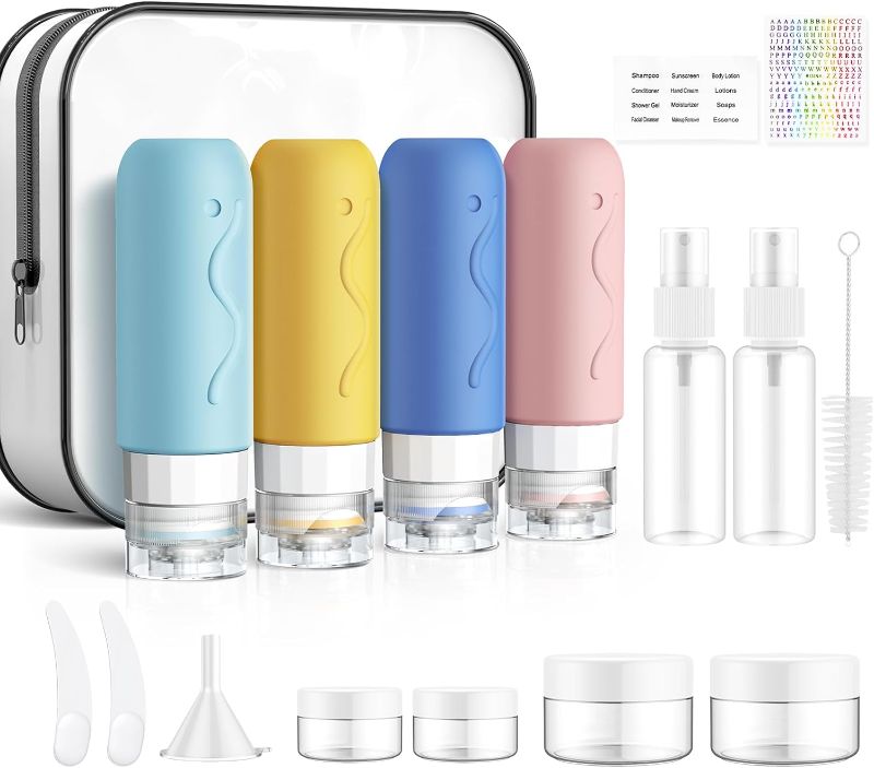 Photo 1 of 14PCS Travel Bottle Set for Toiletries, Travel Size Silicone Bottles & Spray Bottles, TSA Approved Leakproof Refillable Cosmetic Containers kits for Shampoo, Body Wash, Hand Lotion, Facial Cleanser