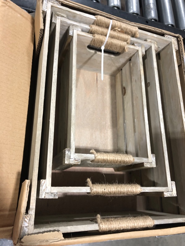 Photo 1 of TIMRIS Set of 3 Rustic Wood Nesting Crates, Farmhouse Wooden Storage Container Boxes with Cutout Handles, Decorative Wooden Baskets for Display (Rustic Gray)