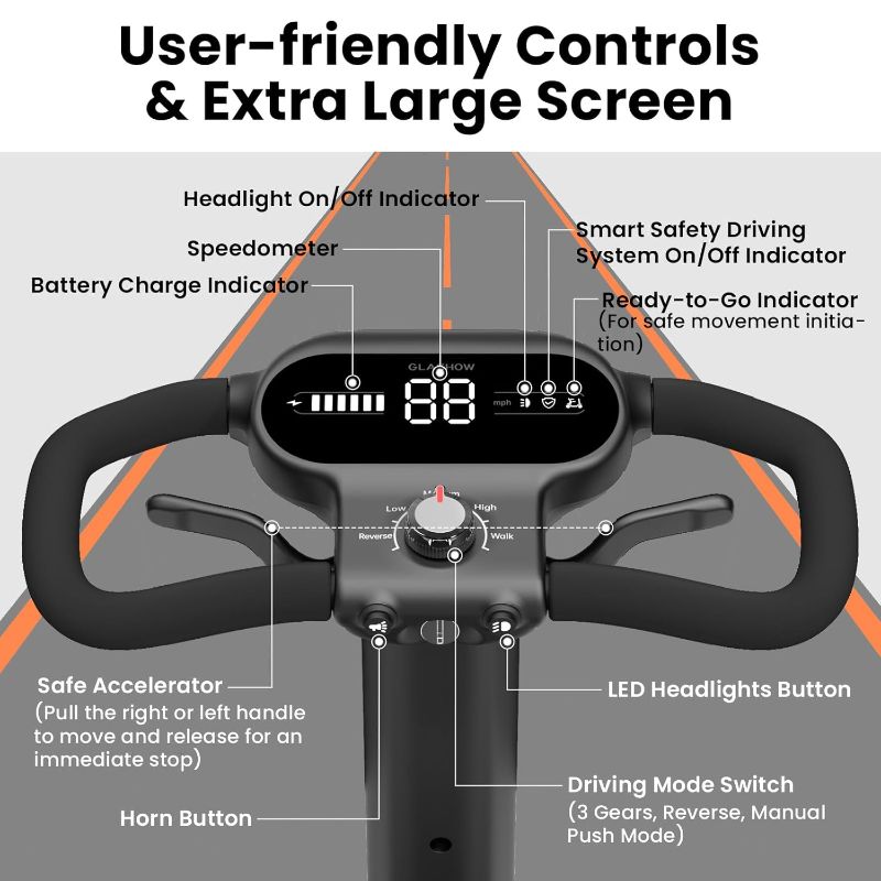 Photo 4 of  Foldable Mobility Scooter - Electric Scooter with Seat for Adults - Wheelchair Alternative - 25 Miles on 1 Charge, Enhanced Safety, Lightweight for Travel, LED, Basket, Charger Included
