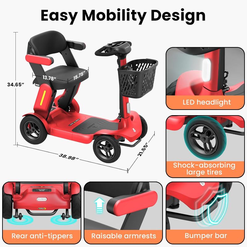 Photo 5 of  Foldable Mobility Scooter - Electric Scooter with Seat for Adults - Wheelchair Alternative - 25 Miles on 1 Charge, Enhanced Safety, Lightweight for Travel, LED, Basket, Charger Included
