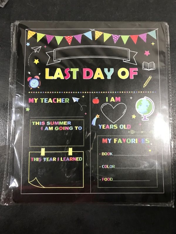 Photo 2 of [2 Pack] First Day of School Sign Board, 12 x 10 Inch Double Sided Back to School Sign for Girls Boys, Kindergarten School Supplies + Scratch Paper, First and Last Day of School Chalkboard