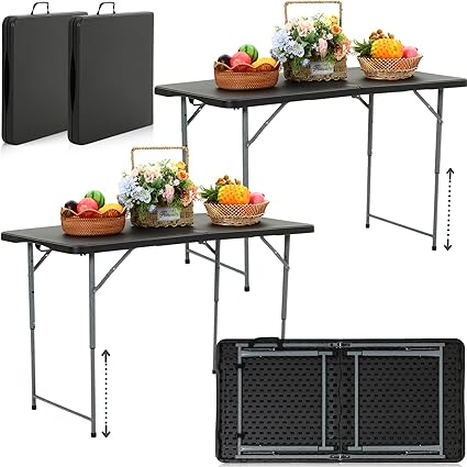 Photo 1 of  2 Pcs 4ft Folding Table Plastic Camping Table 47x24 Inch 3 Height Adjustable Black Foldable Table Fold in Half Portable Table with Handle and Lock for Picnic Backyard Patio Party Indoor Outdoor