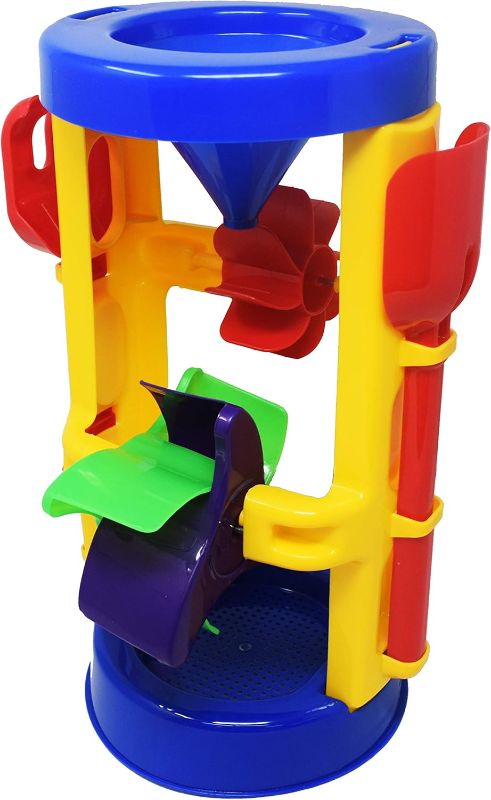 Photo 1 of American Plastic Toys Kids’ Sand and Water Wheel Tower, Flowing Sand and Water, Built-in Top Funnel, Sieve, and Wheels, Shovel and Rake Included, Learn About Solids, Liquids, Combination, for Ages 3+