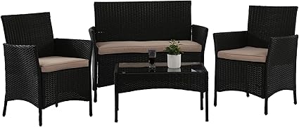 Photo 1 of 4 Pieces Patio Furniture Set Rattan Outside Furniture Wicker Sofa Garden Conversation Sets with Soft Cushion and Glass Table for Yard Pool or Backyard,Black