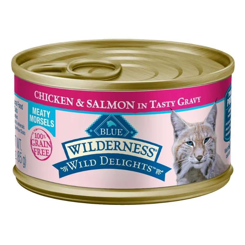 Photo 1 of (24 Pack) Blue Buffalo Wilderness Chicken & Salmon Meaty Morsels Grain Free Wet Cat Food, 3 oz. Cans, 24 Pack  EXP 4/2027
