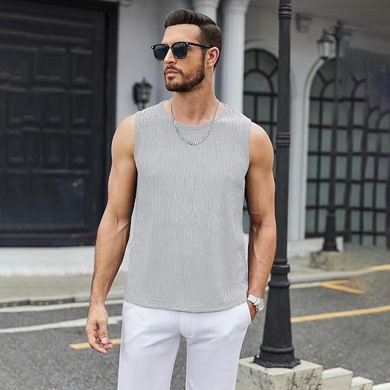 Photo 1 of [Size L] hawalili Men's Casual Tank Top 2 Pack Crewneck Sleeveless Knit Stretch Muscle Basic T-Shirts Navy/Grey,L