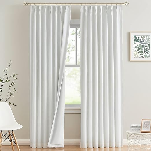 Photo 1 of Vision Home White Pinch Pleated Full Blackout Curtains Thermal Insulated Window Curtains 95 inch for Living Room Bedroom Room Darkening Pinch Pleat Drapes with Hooks Back Tab 2 Panel 40" Wx95 L