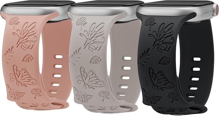 Photo 1 of 3 Pack Stylish Floral Engraved Smartwatch Bands for Women, Durable Soft Silicone iWatch Bands Compatible with Apple Watch Series 44mm 40mm 38mm 41mm 45mm 49mm 42mm Ultra 2 SE 9-1