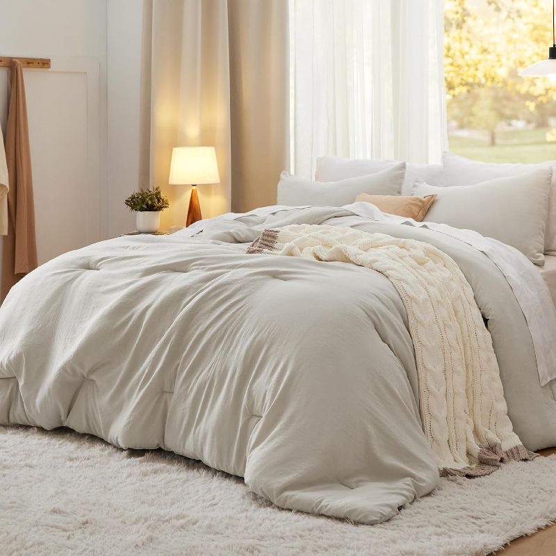 Photo 1 of Bedsure Queen Size Comforter Sets, Beige Soft Prewashed Bed Comforter for All Seasons, 3 Pieces Warm Bedding Sets, 1 Lightweight Comforter (90"x90") and 2 Pillowcases (20"x26")
