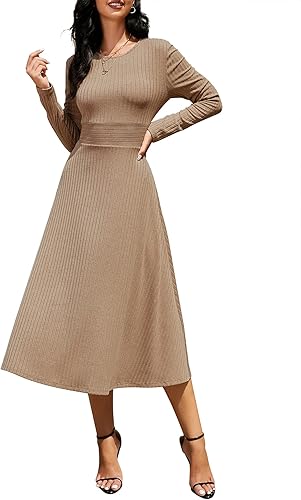 Photo 1 of 
ZAFUL Women's Casual Long Sleeve Sweater Dress Ribbed Knit Round Neck High Waist A-Line Solid Color Midi Dresses for Fall Winter (D-Light Brown, S) 
