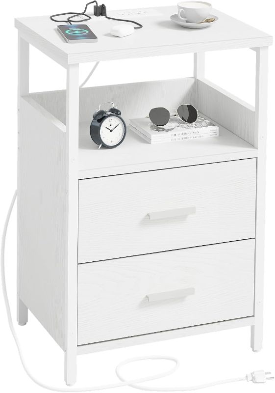 Photo 1 of Nightstand with Charging Station, End Table with Fabric Wood Drawer, White Side Table Bedside Tables with USB Ports for Bedroom, Living Room
