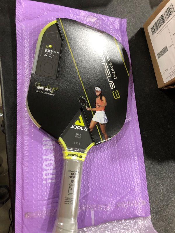 Photo 2 of JOOLA Anna Bright Scorpeus 3 14mm Pickleball Paddle with 1 Replacement Grip - Propulsion Core with Power & Control - Wide Carbon Fiber Pickleball Paddle with Larger Sweet Spot & Yellow Edgeguard