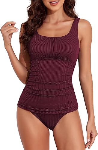 Photo 1 of [Size XL] Aleumdr Retro Ribbed Two Piece Tankini Swimsuit Vintage Ruched Bandeau Top and High Waisted Bottom for Women Burgundy X-Large