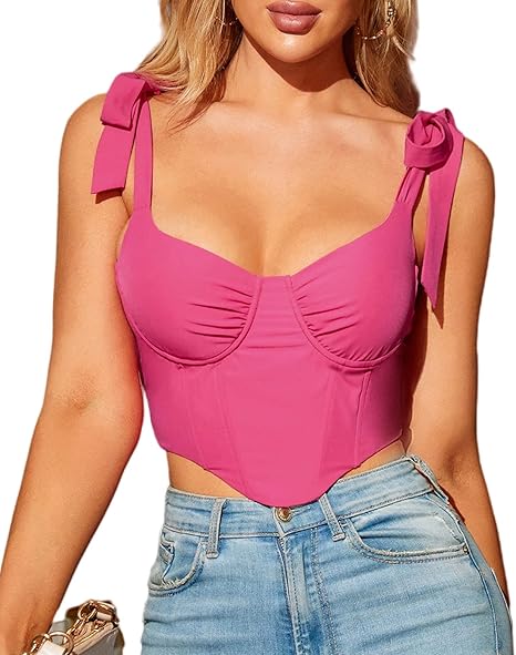 Photo 1 of [Size XS] Parthea Women's Bandana Vintage Party Corset Crop Top Y2k Fashion Bustier with Push Up Bow Tie Lace-up Zip Back Tank Top- Red