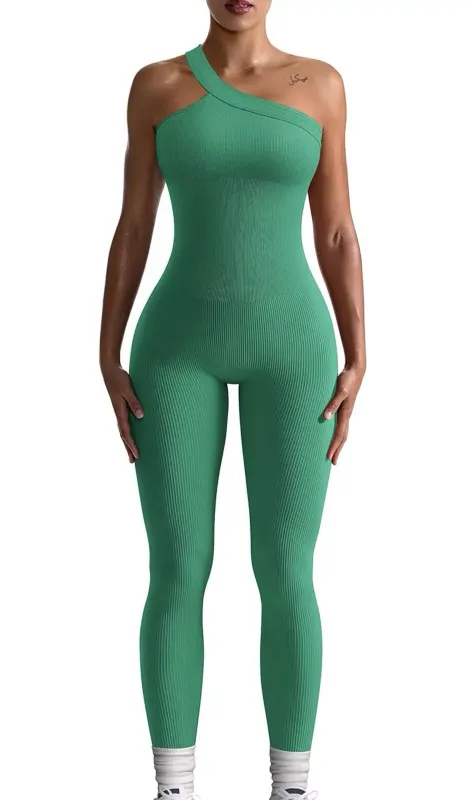 Photo 1 of [Size S] OQQ Women's Yoga Workout Ribbed One Shoulder Piece Sport JumpSuit, Green, Small