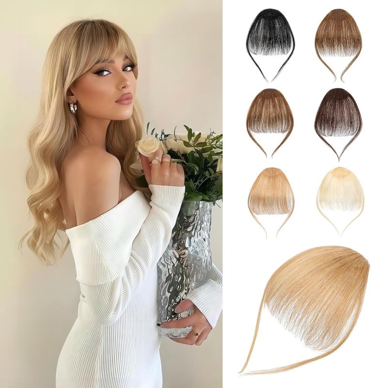 Photo 1 of Clip in Bangs - 100% Human Hair Wispy Bangs Hair Clip Fake Bangs Fringe with Temples Hairpieces Air Bangs for Women Ash Blonde