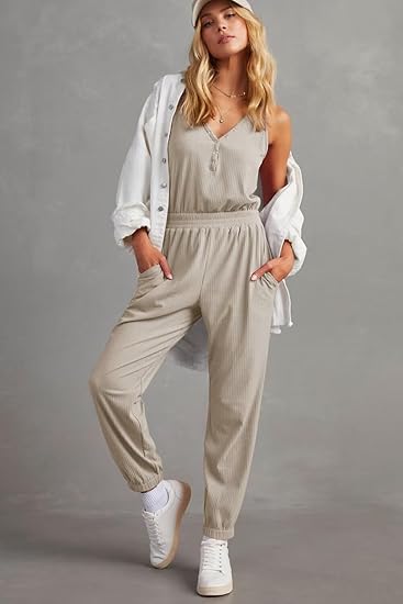 Photo 1 of [Size M] Dokotoo Jumpsuit for Womens Dressy Casual Button V Neck One Piece Long Romper Elastic Waist Sleeveless Outfits for Summer
