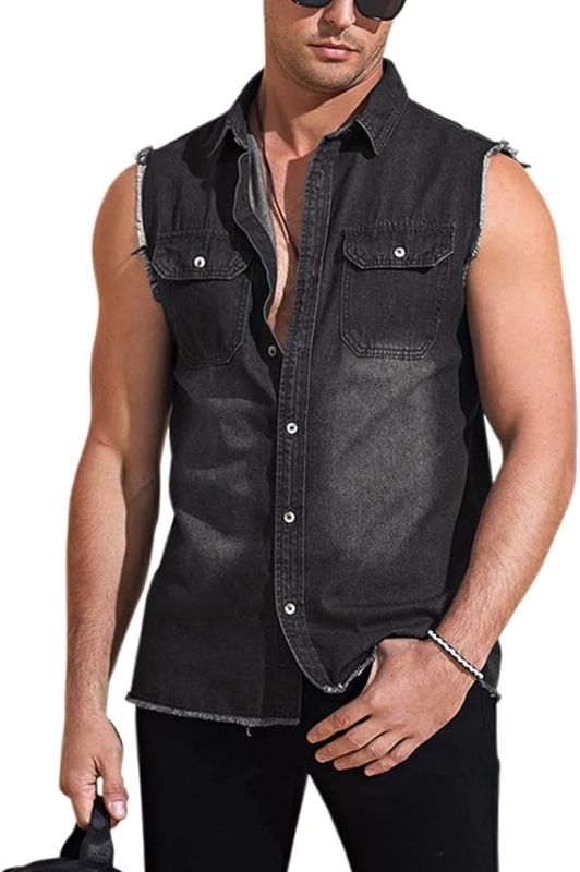 Photo 1 of [Size 2XL] Beotyshow Mens Sleeveless Denim Vest Slim Fit Casual Retro Button Down Jacket
