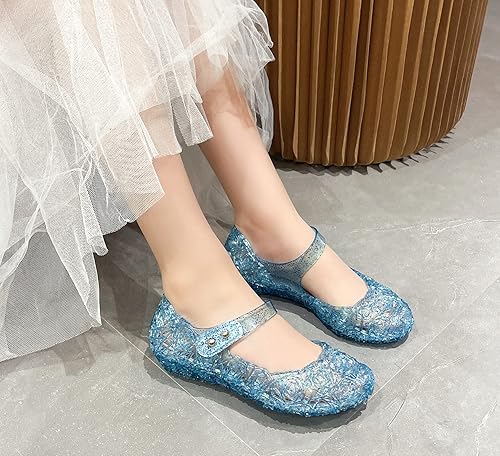 Photo 1 of [Size 11.5 Little Kids] Girls Jelly Shoes Frozen Inspired Elsa Flats Princess Dress Sandals Toddler Snow Queen Jellies Mary Jane Shoes- Blue