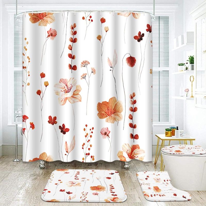 Photo 1 of ArtSocket Orange Floral Bathroom Set with Shower Curtain and Rugs and Accessories, Red Flower Watercolor Leaves Shower Curtain Set,Wildflower Shower Curtain for Bathroom,Spring Bathroom Decor 4 Pcs
