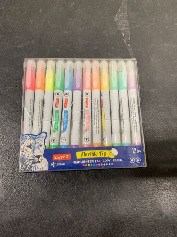 View 2 of ZEYAR Flexible Tip Highlighter, Dual Tips Marker Pen, Chisel and Fine Tips, Flexible Tip and Soft Touch, Water Based, Assorted Colors, Quick Dry (12 Colors)