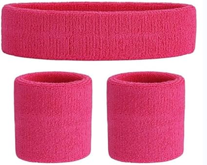 Photo 1 of Sweatbands for Kids Set - Athletic Cotton Headband and Wristbands for Toddlers and Youth (1 Headband + 2 Wristbands) Rose Red