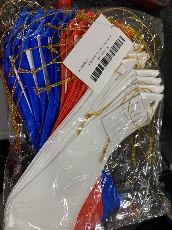 Photo 2 of 48 PCS Blank Award Ribbons DIY Medal Ribbon with Attached Card and Rope Honorable Recognition Ribbons for Competitions Sports Events Contests School Challenges, Blue, Red, and White