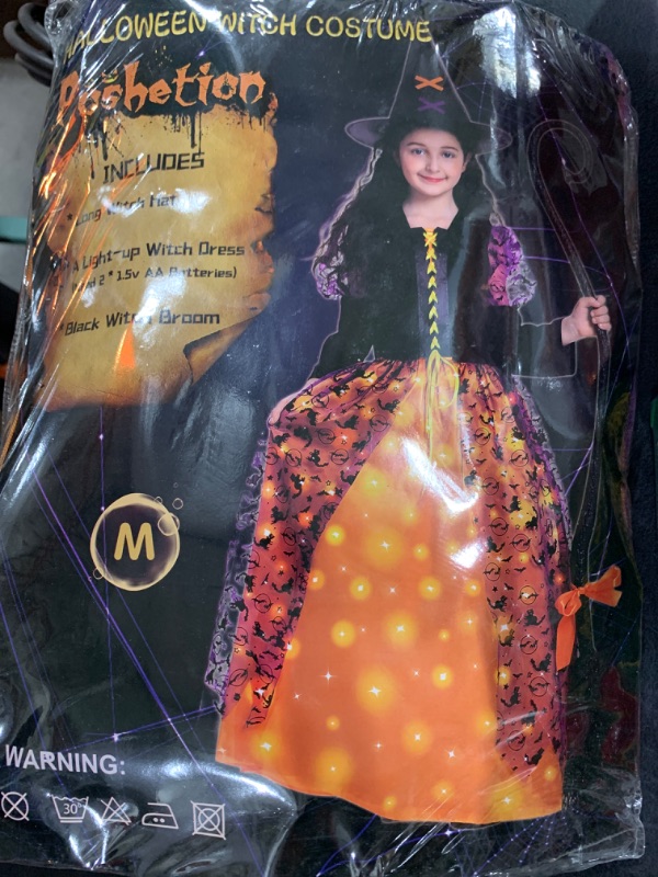 Photo 2 of Witch Halloween Costume for Girls, Light Up Witch Dress Deluxe Outfit with Hat and Broom, Kids Twinkle Witch Costumes for Halloween Dress Up Party (Medium)