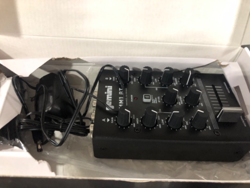 Photo 1 of Gemini Sound MM1BT Bluetooth Professional Audio 2-Channel Dual Mic Input Stereo 2-Band Rotary Compact DJ Podcast Mixer with Cross-Fader and Individual Gain Control