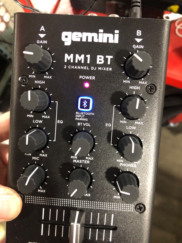 Photo 1 of Gemini Sound MM1BT Bluetooth Professional Audio 2-Channel Dual Mic Input Stereo 2-Band Rotary Compact DJ Podcast Mixer with Cross-Fader and Individual Gain Control