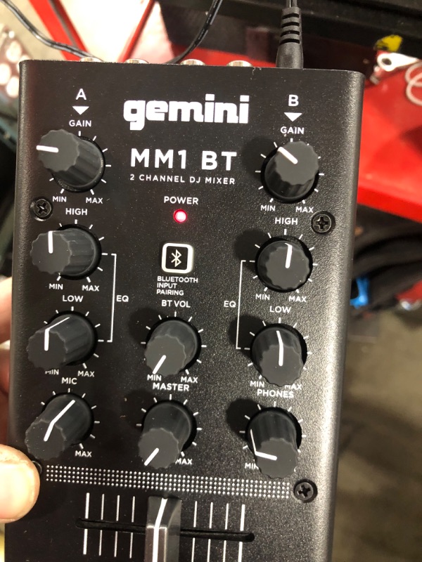 Photo 1 of Gemini Sound MM1BT Bluetooth Professional Audio 2-Channel Dual Mic Input Stereo 2-Band Rotary Compact DJ Podcast Mixer with Cross-Fader and Individual Gain Control