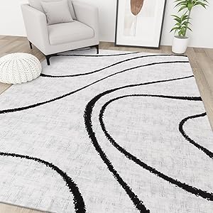 Photo 1 of YIHOUSE Abstract Washable Rugs 5x8, Soft Black and White Rug for Living Room, Ultra-Thin Non Slip Modern Minimalist Stripe Rugs for Bedroom, Large Rug for Dining Room Office Playroom (5'x8' Grey) 