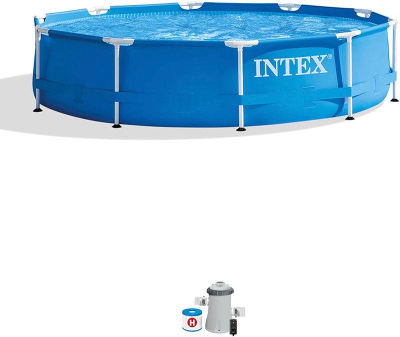 Photo 1 of INTEX 28201EH Metal Frame Above Ground Swimming Pool Set: 10ft x 30in – Includes 330 GPH Cartridge Filter Pump – Puncture-Resistant Material – Rust Resistant – 1185 Gallon Capacity