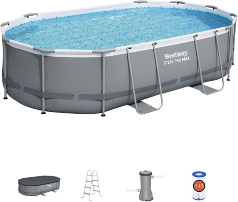 Photo 1 of Bestway Power Steel 16' x 10' x 42" Rectangular Metal Frame Above Ground Swimming Pool Set with 1000 GPH Filter Pump, Ladder, and Pool Cover