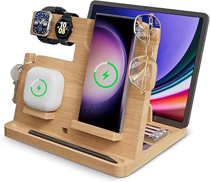 Photo 1 of Bamboo Wireless Charger for Samsung: Bamboo Charging Station Organizer for Samsung Galaxy Z Flip Fold 4 S24 S23 Ultra S22 S21 S20, Android Phone|Earbud, Galaxy Watch 5|4|3 ONLY, Present for Lovers