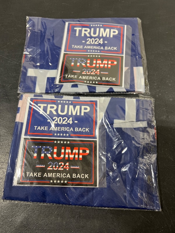 Photo 2 of 2 PCS   Oligei Trump 2024 Flag, 3 x 5 Feet Trump Flag Take American Back with 4 Pcs Trump 2024 Sticker, Polyester Fiber Trump Desantis 2024 Flag, American Flag Bright Anti-Ultraviolet Fading