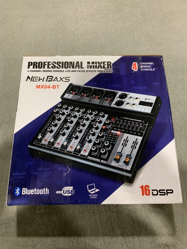 Photo 2 of Professional Audio Mixer, 4 Channel Audio Interface Sound Board Mixing Console System Monitor, NEW BAXS 16-Bit DSP DJ Bluetooth Mixer +48V Phantom Effect For Karaoke Studio Streaming Recording