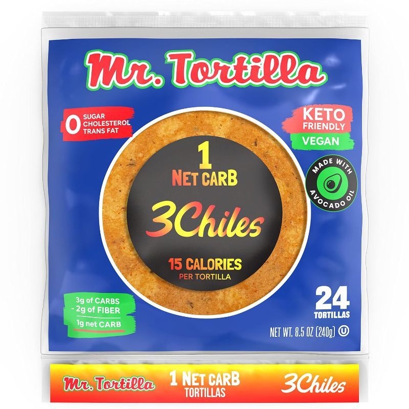 Photo 1 of Mr. Tortilla Low Carb Keto Soft Taco Shells, Vegan Healthy Snacks & Bread Alternative, 1 Net Carb 15 Calories, Delicious Small Batch Kosher Wraps - (Spicy 3 Chiles, 24 Count)
