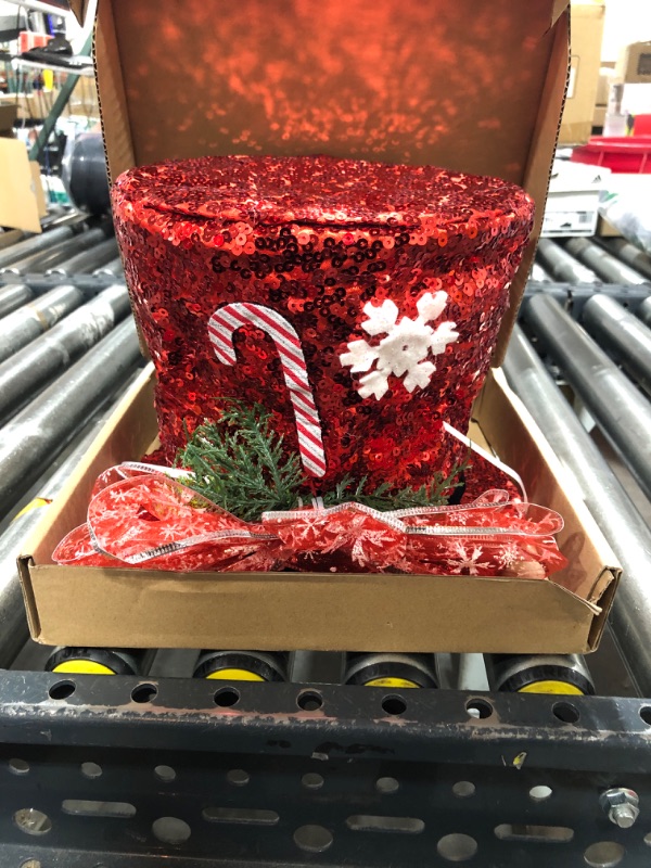 View 2 of Christmas Tree Topper Hat, 2024 Red Candy Cane Bow Christmas Tree Top Toppers with 6.5ft Ribbon Light, Shiny Xmas Santa Tree Toppers Christmas Decorations for Holiday Decor