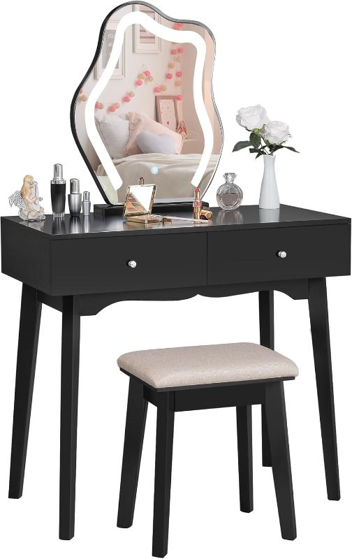 Photo 1 of ANWBROAD Makeup Vanity Desk Vanity Set with LED Lighted Mirror Makeup Vanity Table Set 3 Colors Modes Dimming Cushioned Stool Large Frameless Mirror Black UBDT52B 