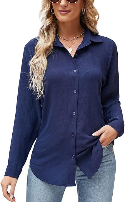 Photo 1 of AIUZO Women's Button Down Shirts Long Sleeve V Neck Shirts for Women Casual Button Up Blouses Fashion Tops, Navy Blue, Medium