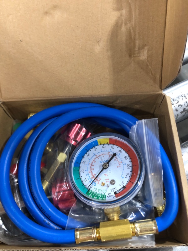 Photo 2 of Boltigen R134a Refrigerant Recharging Hose with Gauge, A/C R134A Refrigerator Freon Recharge Kit with Bullet Piercing Valves, R134a R12 R22 Can Tap Valves, R134a Quick Coupler